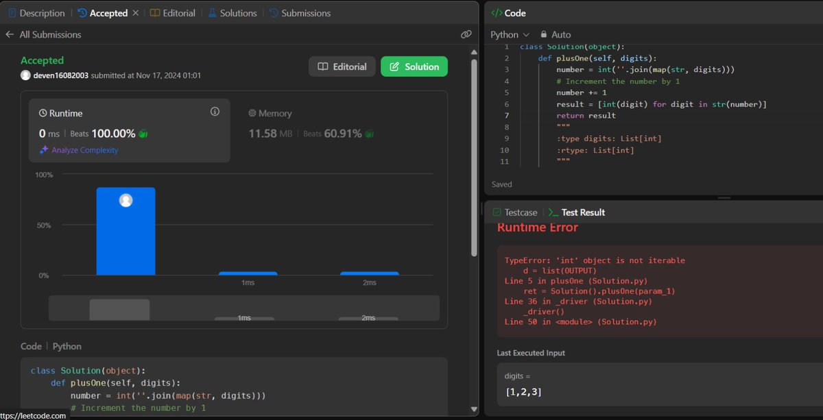 Deven03487129's tweet photo. #day6
I just submitted my solution for the "Plus One" problem on #LeetCode, and it got 100% runtime efficiency! 🥇💻

Problem: Increment a number represented as a list of digits, like [1, 2, 3] ➡️ [1, 2, 4].
#Python #CodingChallenge #LeetCodeSolutions #30DayMapChallenge https://t.co/iOY7zsRzzp