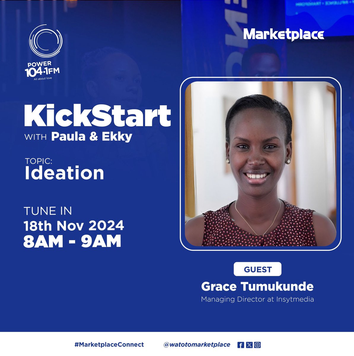 Watoto Marketplace (@watotompm) on Twitter photo Ready to turn your ideas into impact? Join KickStart with Paula & Ekky tomorrow on <a href="/powerfmuganda/">Power 104.1 FM</a> for an inspiring session on ideation with special guest Grace Tumukunde, Managing Director at Insytmedia! Tune in on 18th Nov 2024, from 8AM - 9AM, and discover the strategies that Ready to turn your ideas into impact? Join KickStart with Paula & Ekky tomorrow on <a href="/powerfmuganda/">Power 104.1 FM</a> for an inspiring session on ideation with special guest Grace Tumukunde, Managing Director at Insytmedia! Tune in on 18th Nov 2024, from 8AM - 9AM, and discover the strategies that