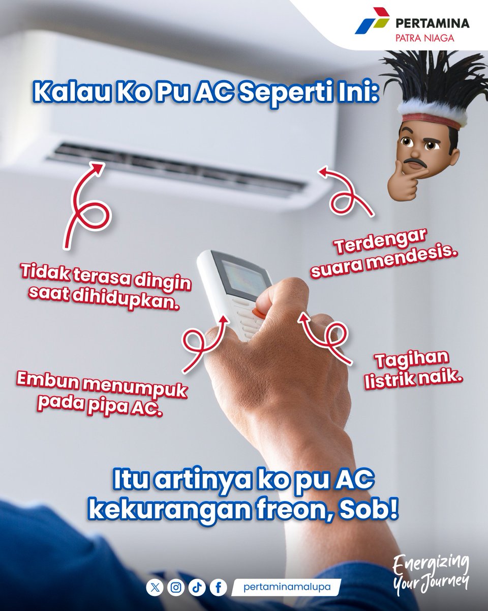 pertaminamalupa's tweet photo. Siapa yang AC di rumahnya mulai nggak kerasa dingin? ๐ซ
Ternyata, itu salah satu tanda kalau ko pu AC kekurangan freon, Sob!
#Musicool #EnergizingYou #SaPakaiEnergiUnggul #MalupaTangguh https://t.co/mF6U7P95ir
