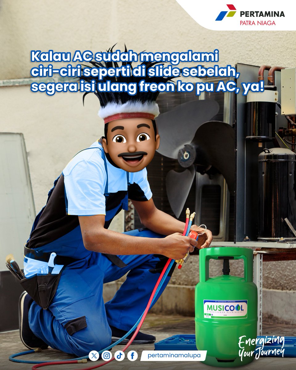 pertaminamalupa's tweet photo. Maka dari itu, yuk segera isi ulang freon AC dengan si hijau keren, Musicool โ
Karena refrigeran hidrokarbon ini nggak cuma bikin AC jadi lebih dingin aja, tapi juga ramah bagi lingkungan, Sob!
#Musicool #EnergizingYou #SaPakaiEnergiUnggul #MalupaTangguh https://t.co/2AOhLVBjG8