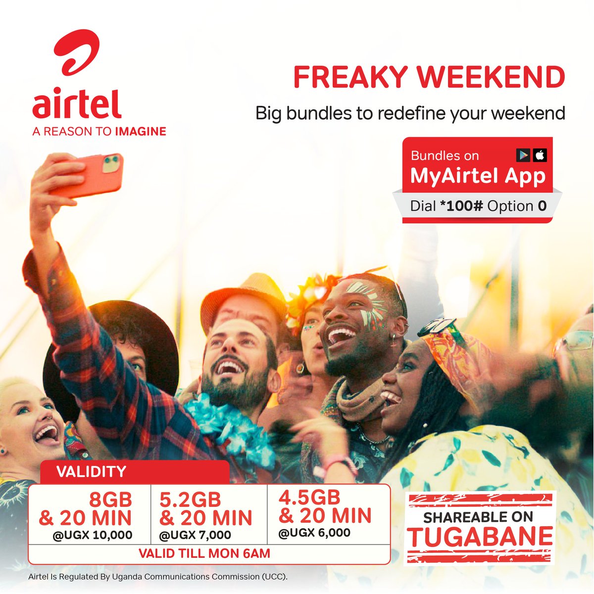 Airtel_Ug's tweet photo. Unleash the fun with #FreakyWeekend bundles! Enjoy big data at pocket-friendly prices – shareable with friends on Tugabane.. Download #MyAirtelApp https://t.co/oyQyduuljo or dial 100# Option 0 https://t.co/xoz23nYExE