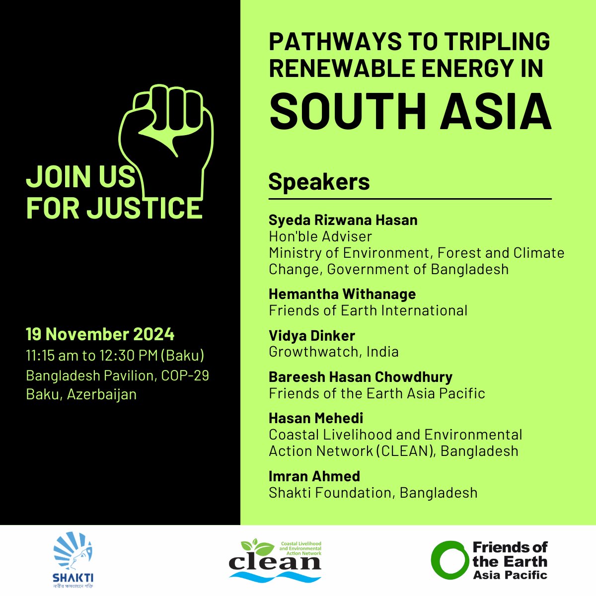 CLEAN (@cleanbd) on Twitter photo 🌍 Join us at COP-29 to explore Pathways to Tripling Renewable Energy in South Asia! 🏭➡️🔋
📅19 Nov 2024 | 🕚 11:15 AM to 12:30 PM (Baku) | 📍Bangladesh Pavilion, Baku.
#COP29 #RenewableEnergy #SouthAsian
<a href="/CLEANBD/">CLEAN</a> <a href="/GrowthWatch/">Growthwatch</a> <a href="/FoEint/">Friends of the Earth International</a> <a href="/FoEAsiaPacific/">Friends of the Earth APAC</a> 🌍 Join us at COP-29 to explore Pathways to Tripling Renewable Energy in South Asia! 🏭➡️🔋
📅19 Nov 2024 | 🕚 11:15 AM to 12:30 PM (Baku) | 📍Bangladesh Pavilion, Baku.
#COP29 #RenewableEnergy #SouthAsian
<a href="/CLEANBD/">CLEAN</a> <a href="/GrowthWatch/">Growthwatch</a> <a href="/FoEint/">Friends of the Earth International</a> <a href="/FoEAsiaPacific/">Friends of the Earth APAC</a>
