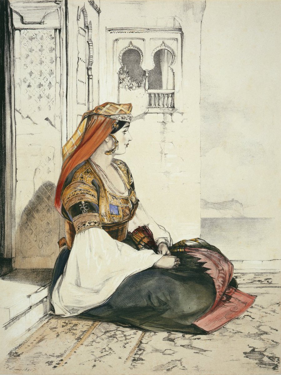 "A Jewish woman of Gibraltar, in a fiesta dress, before departure to Constantinople."

Lithograph by Frederick Lewis, "Sketches of Spain and Spanish Characters"

#Sephardic #Sefardim #SpanishJews