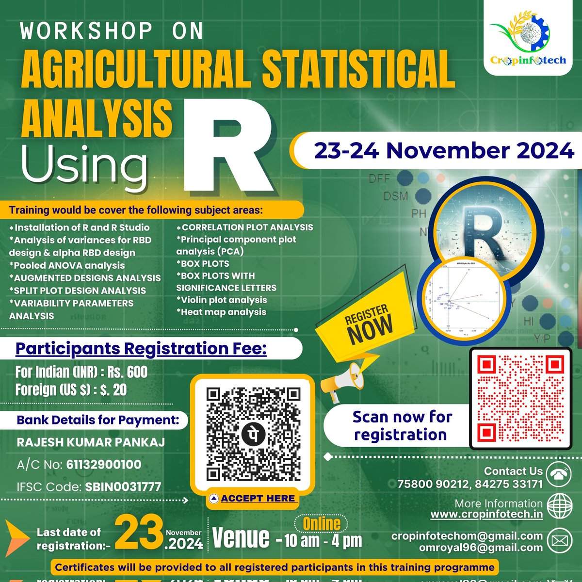 OmPankaj2's tweet image. Workshop on Agricultural Statistical Analysis using R (23-24 November 2024) for better understanding the data analysis and graphical visualization.
Registration:forms.gle/DC8SmSHaRrk3EY…
@Gurjeet85572435 @Pradeepku98 @SantoshGudi5 @ShahhUsmaan