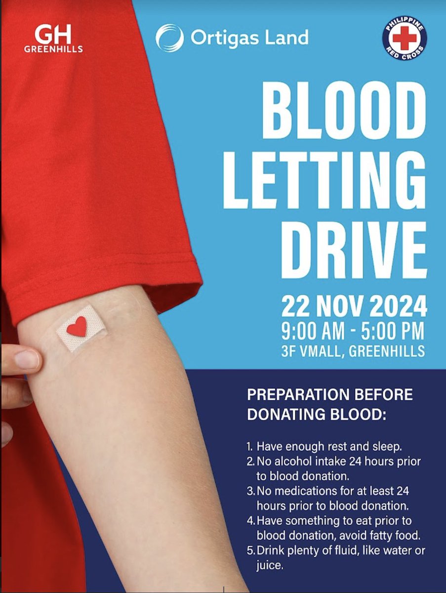 KarenCaparas's tweet photo. Donate blood 🩸Save lives ♥️

Join Ortigas Land’s Blood Letting Drive

🗓️ November 22, 2024 (Friday)
⏰ 9:00 am to 5:00 pm
📍3F VMall, Greenhills, San Juan City https://t.co/T4Z61nMyUa