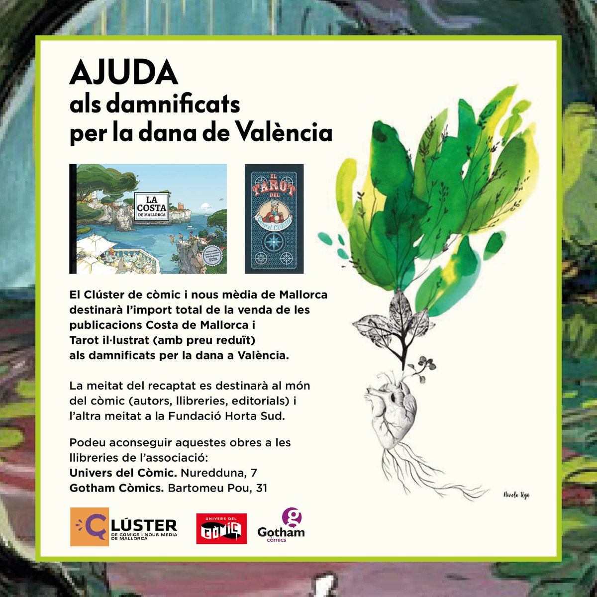 Iniciativa solidària als damnificats per la DANA del món del còmic valencià (autors, llibreries i editorials) i la Fundació Horta Sud, a fi de contribuir a la seva feina de suport comunitari.
👉 Les obres es poden adquirir :
📍@universdelcomic
📍@gothamcomicsmallorca  

#Comic
