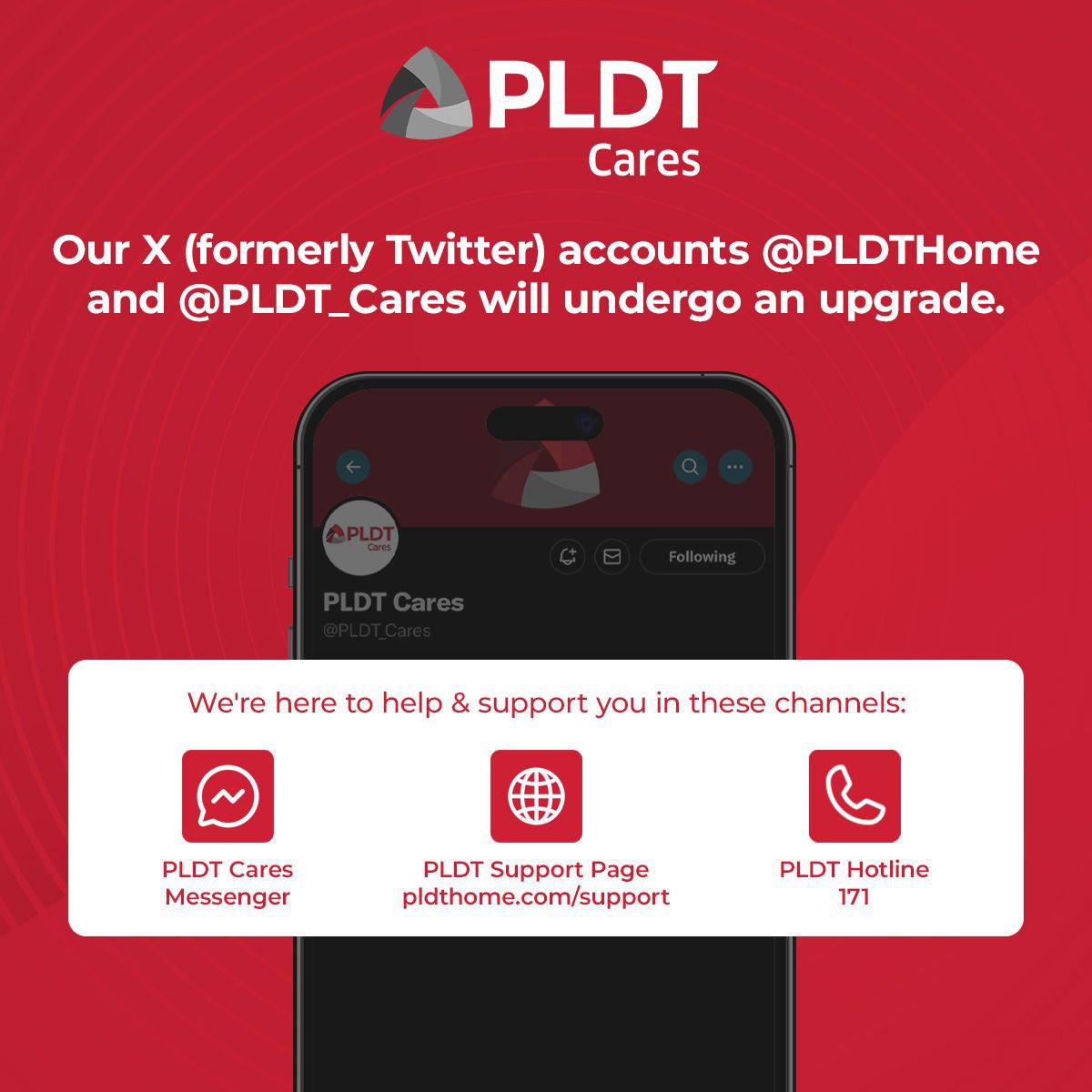 Exciting times ahead! #WeAreHereForYou with enhanced service once we upgrade our X (Twitter) accounts between November 18 and 29. While DMs are unavailable, we continue to help &amp; support you in these channels:

👉facebook.com/pldtcares
👉pldthome.com/support