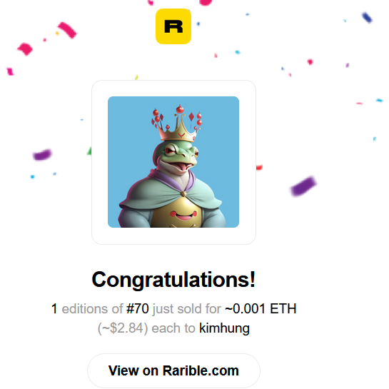 GramangzN's tweet photo. Rari PEPE Frog Princes #70
Item just sold
https://t.co/83X3xaExlV
#rarible #NFTsForSale #NFTshills #NFTMarketplace #NFTCollection #NFTCollectors #NFTCommunity #NFTDrop #RaritySniperNFT #Freemint #RariChain #NFTDROPS #OpenSeaNFT #OpenSeaMarket #rarifoundation #NFTs https://t.co/uT0d8CexxI