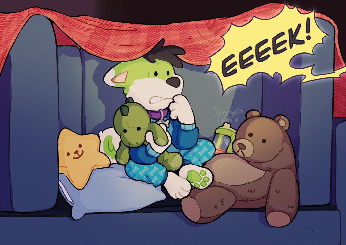 HoopsieDasie's tweet image. Won’t be easy going to sleep after staying up late and watching a scary movie! 

Commission for @Prince_Toxicpup ✨

#kidfur #nostalgia #furry #fursona #kidOC #ageregression #littlespace #littlesfw #kidsillustration #illustration #kidcore