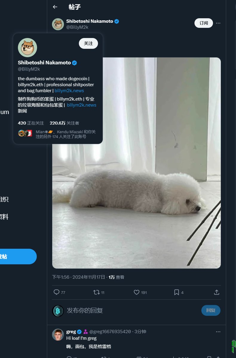 btc_tigerx's tweet photo. 14.02时候刷推到的狗币创始人新宠物 #loaf 当时还不知道，以为只是个220W粉丝的博主加上 #leater 喊单那个两位百万粉丝博主联动，没想到后面深入研究发现是狗币创始人，后面喊疯狂按群友冲冲冲，这把要格局一波了，这个目测今天大金狗了，meme属性太强了，让子弹飞一会儿，目前10倍浮盈中，哈哈哈，有之前冲铭文的感觉了舒服了CqQWGaNTWTvyjoiaVrHxvXsFfZmGsgYCLbU2XwQYARBB