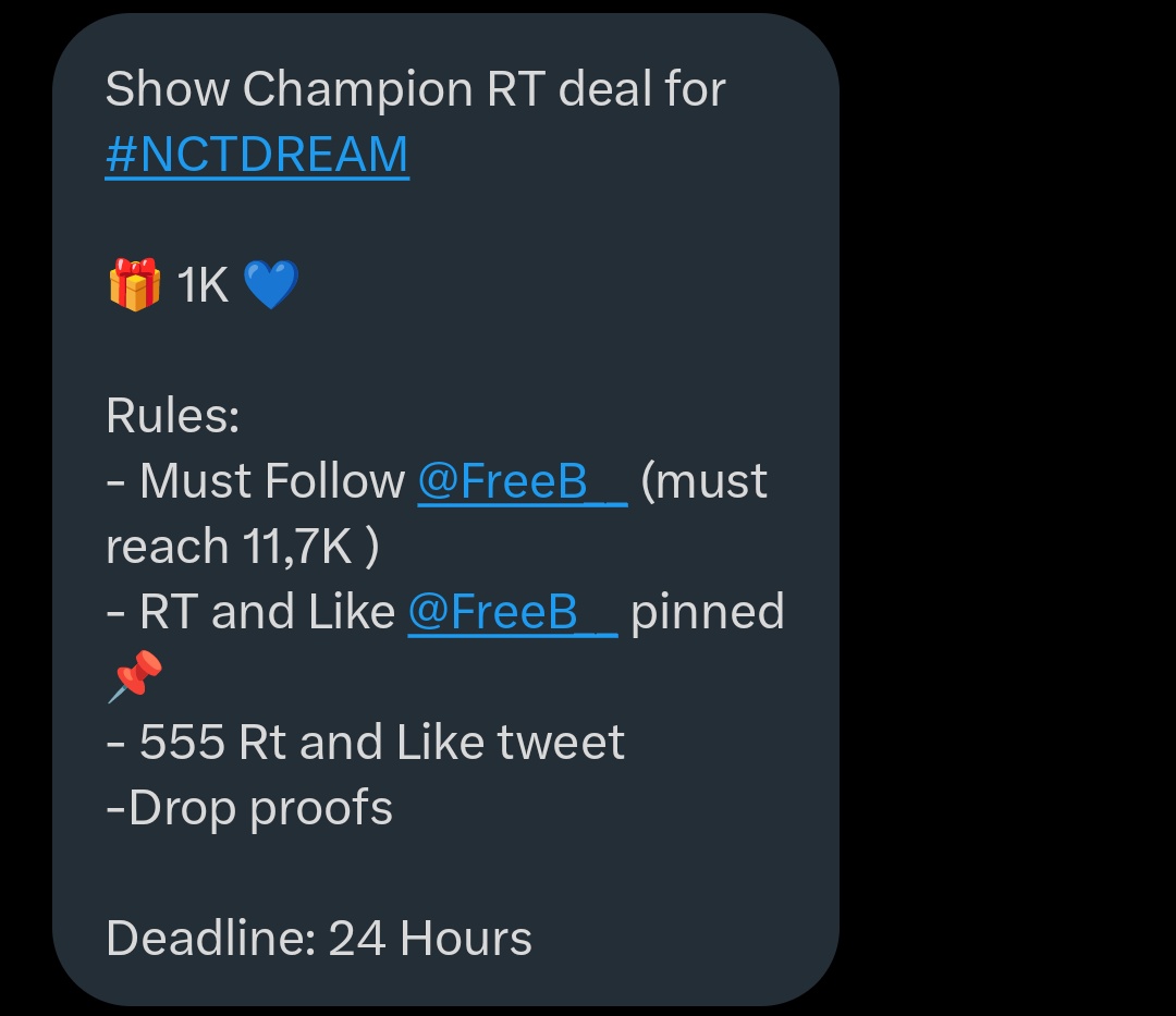 7DREAMVT_INA's tweet photo. Show Champion RT deal for #NCTDREAM

🎁1K 💙

Rules:
-Must Follow @FreeB__ (must reach 11,7K)
-RT and Like @FreeB__ pinned📌
-555 Rt and Like tweet
-drop proofs

Deadline: 24 Hours https://t.co/vMLjSoPEvK