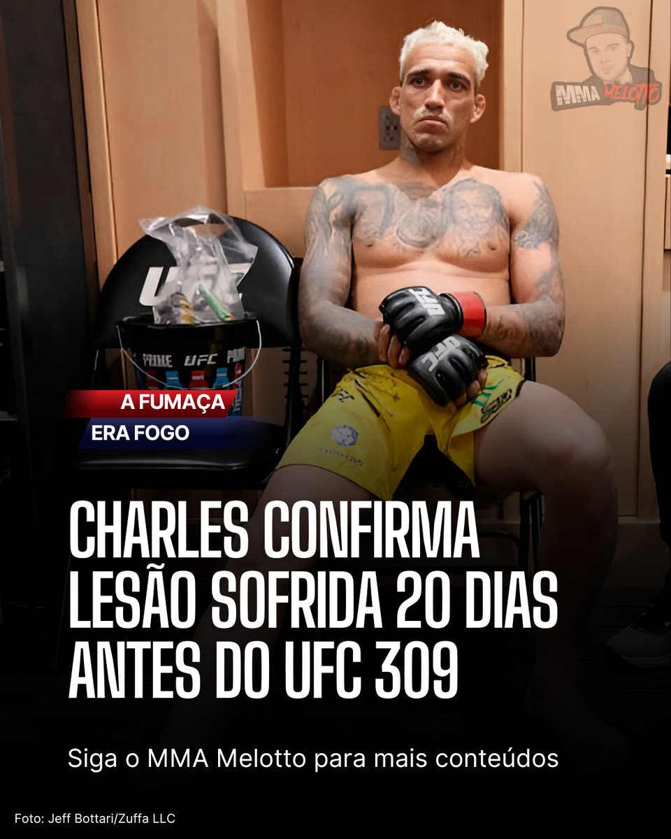 MMAmelotto's tweet photo. "Eu não queria falar nada sobre isso porque se a gente perde, isso leva como desculpa. Se a gente ganha, valoriza. Mas eu tive uma lesão no joelho. Rompeu ou estourou dois ligamentos. Era pra eu ficar de quatro a seis semanas parado. Mas eu não queria sair da luta de forma nenhuma porque eu sabia que vencendo eu poderia voltar a lutar pelo título. Tive que fazer fisioterapia todos os dias, tentar treinar com dor, mas fiquei praticamente de 15 a 20 dias sem treinar direito nada. Só me apeguei muito na musculação que era a única coisa que eu conseguia fazer. Mas Deus abençoou gigantescamente e deu tudo certo."

— 🇧🇷 Charles Oliveira, ao UFC Fight Pass Brasil.