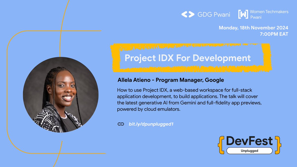 WTM_Pwani's tweet image. Don&apos;t miss out! The #DevFestUnplugged webinar sessions..
Learn about:
 * Latest generative AI from Gemini
 * Full-fidelity app previews with cloud emulators

Register here: bit.ly/dpunplugged1  

#ProjectIDX #AppDev #Gemini #Google  #AI #WTMPwani #GDGPwani