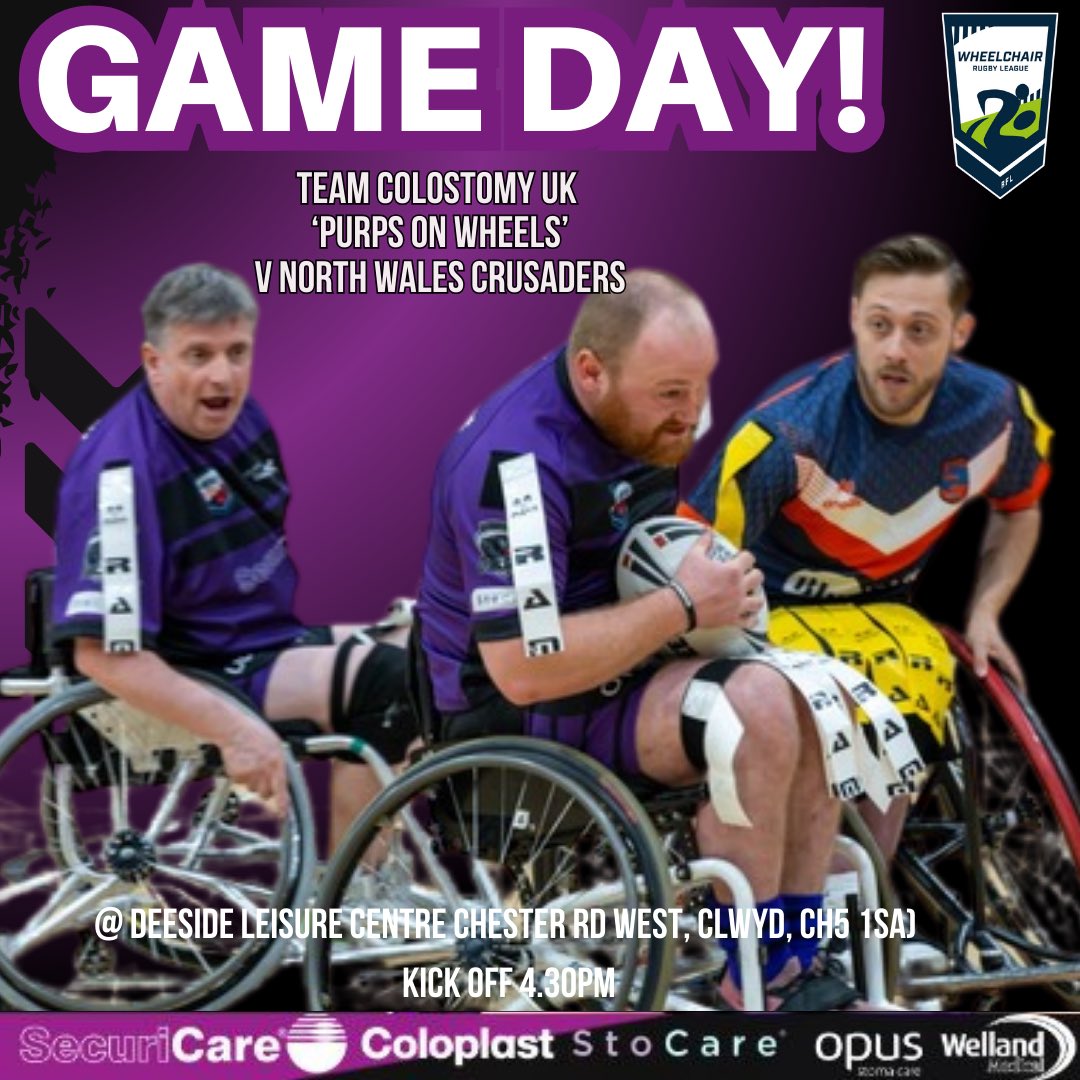 It's game day for our #wheelchairrugbyleague team Purps on Wheels! 

We're taking on <a href="/NWCWhRLandDSC/">NWCrusadersWheelchairRL&DisabilitySportsClub</a> and here's everything you need to know about today. 

🗓️ Today! 
🆚 North Wales   
       Crusaders
⏱️ 4.30pm
🏟️ Deeside Leisure  
       Centre CH5 1SA
🎫 Free

#UpThePurps💜