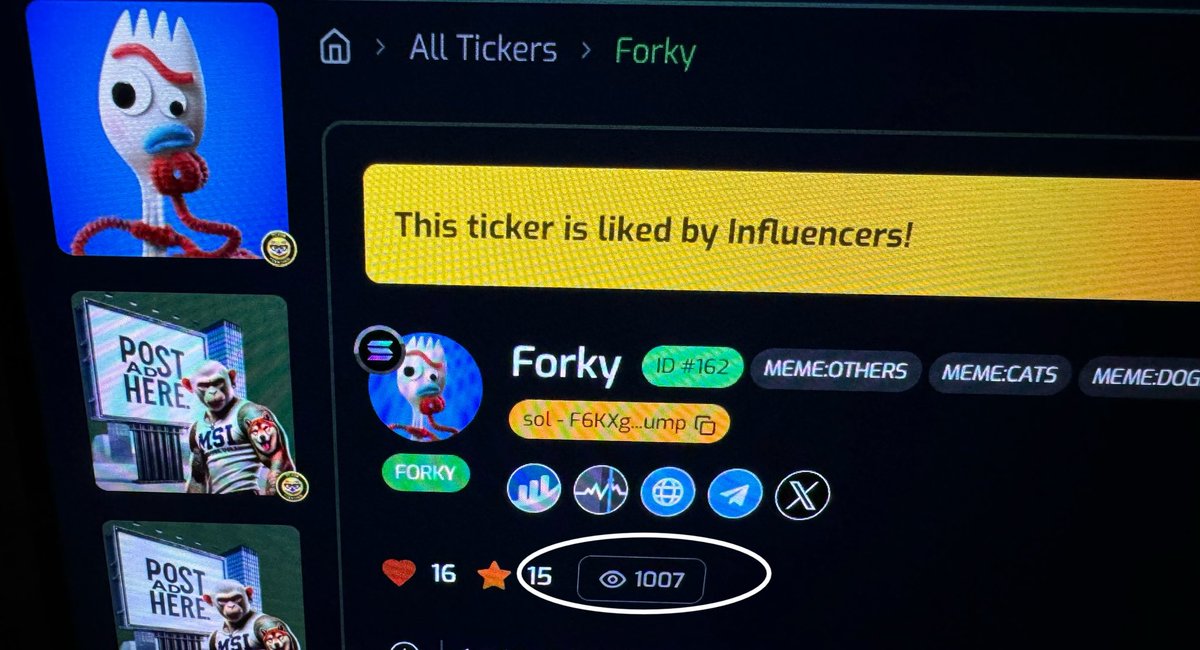 PabloCRO (@pablo_cro) on Twitter photo The banner for @MyForky_ is getting some serious exposure 👀
Over 1000 views  already🔥
tickertrending.com/ticker/FORKY
IMAGINE what #TickerTrending will be doing months from now ! 
#memes #FORKY The banner for @MyForky_ is getting some serious exposure 👀
Over 1000 views  already🔥
tickertrending.com/ticker/FORKY
IMAGINE what #TickerTrending will be doing months from now ! 
#memes #FORKY