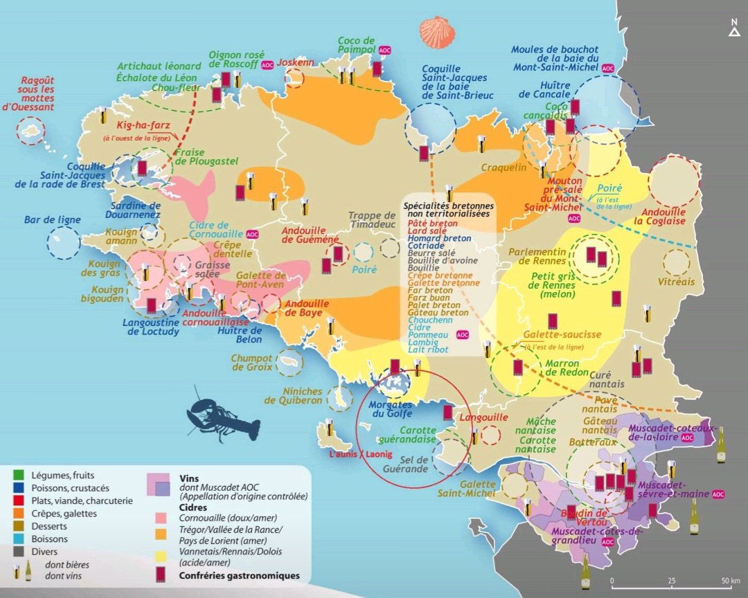 Carte gastronomique de la #Bretagne. De l'oignon rosé de Roscoff au muscadet, la généreuse terre bretonne offre toute une palette de produits réputés au-delà de nos frontières. Ouzh taol ! (A table)
🥔🍓🍎🍐🫐🥦🍅🧅🍆🌰🫘🫛🧄🥬🥓🧈🧂🍞🥞🥧🥂