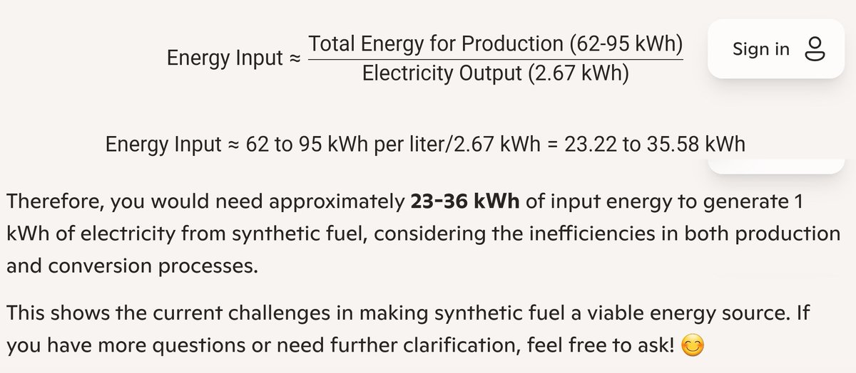 Jag frågade copilot hur mycket el som går åt för att först göra syntetiskt bränsle och sen producera el av detta bränsle. Svaret 23-36 kWh går åt för att få ut 1 kWh.