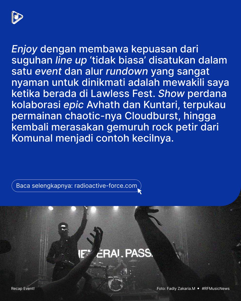 RFwebzine's tweet photo. Keriuhan 13 Tahun HIngar-Bingar Lawless Fest!

Selengkapnya:
https://t.co/hon8ru1Gcd
Teks: @_fadlyzakaria_

#RadioactiveForce https://t.co/NxXmKELf9a