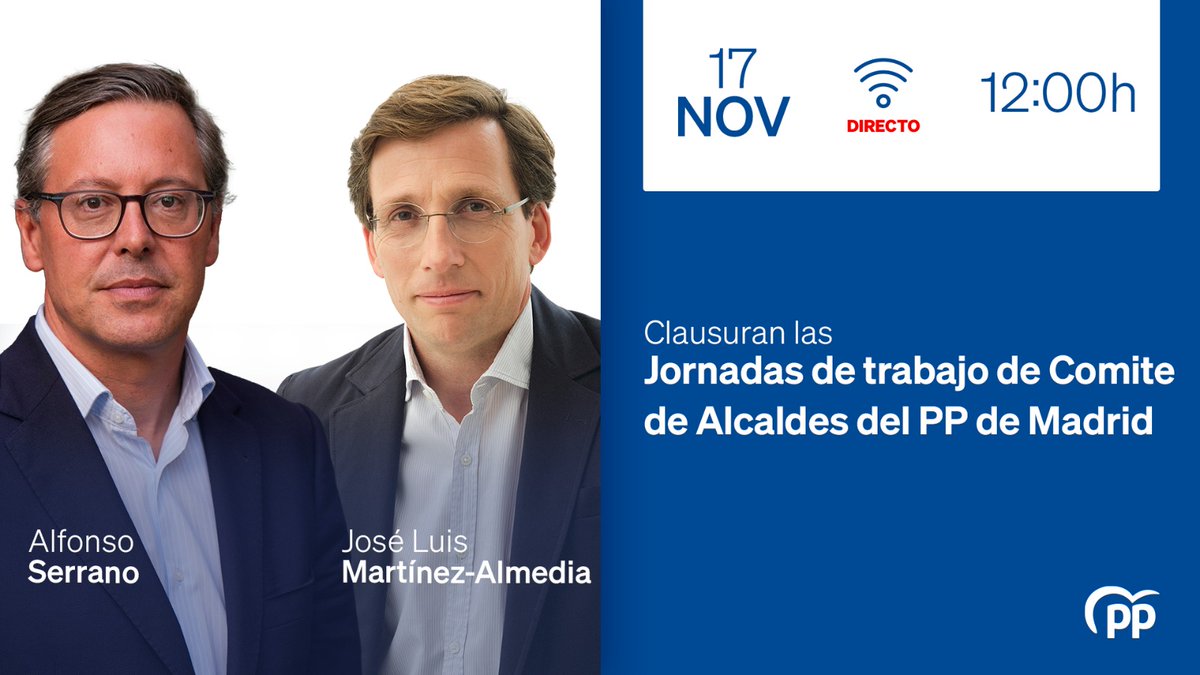 ☕️ ¡Buenos días! A partir de las 12h, <a href="/SerranoAlfonso/">Alfonso Serrano</a> y <a href="/AlmeidaPP_/">José Luis Martínez-Almeida</a> clausuran en Aranjuez las primeras Jornadas de trabajo del Comité de Alcaldes del PP de Madrid.

📲 Síguelo en directo: youtube.com/live/dcMxIvJBL…