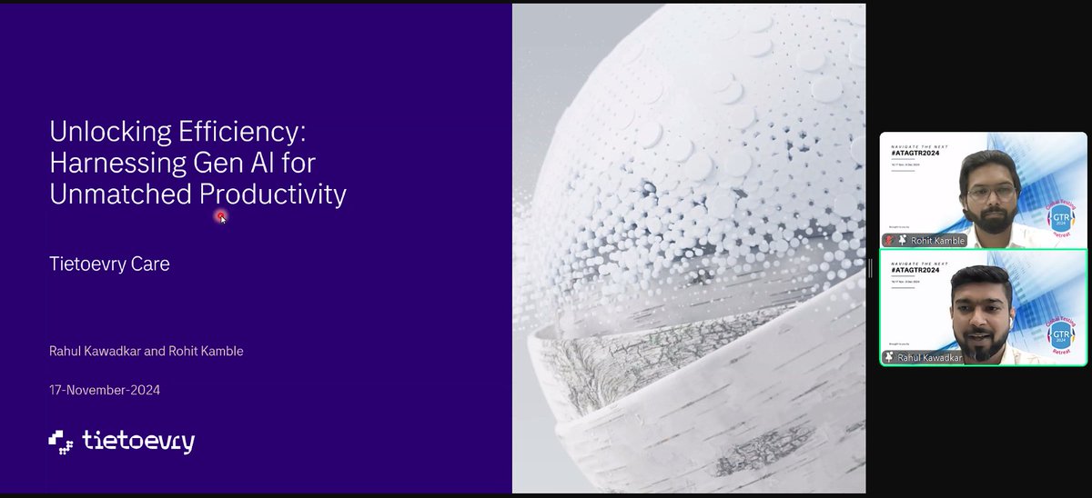 TestingRetreat's tweet photo. Day 2 Track 1 Session 1 : Unlocking Efficiency: Harnessing Generative AI for Unmatched Productivity by Rahul and Rohit.
#ATAGTR2024 #VirtualConferenceDays
@AgileTAlliance @adigindia
@rajputabhay017 @Fiserv
@Tietoevry @QAMENTOR1
@ISquareIT @meet_tweet_
@SelectorsHub @TheTestChat https://t.co/in7TZdl2Wo