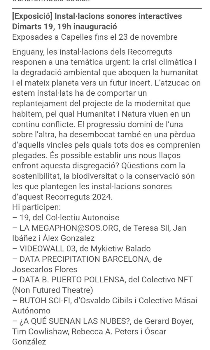 rmisart's tweet photo. Inauguració a Barcelona!
Instal·lacions sonores interactives
Del 19 al 23 de nov

Vine a viure #LaMegaphonaSOS_org de #TeresaSil, amb la col.lab de Jan Ibáñez i Àlex Gonzalez.
 #Savethedate, reserva agenda!
Convent de Sant Agustí 
Teresa Sil #TextileArt 

#art #arttextil https://t.co/O4Bzv8mdP7