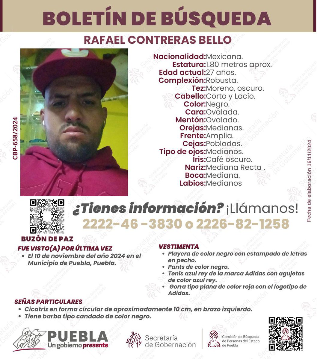 TribunaVigila's tweet image. #Ayuda para localizar a Rafael Contreras Bello de 27 años, fue visto por última vez el #10deNoviembre en #Puebla. #Comparte #ServicioSocial #LaVozDeLosPoblanos #SeBusca🔎