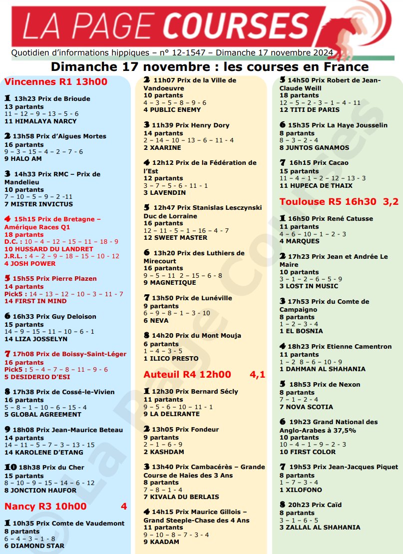 Dimanche 17 novembre 2024.

On trotte à Vincennes, avec le Prix de Bretagne (Quinté).

Nancy-Brabois propose du galop mixte.

On saute à Auteuil pour la fin des 48 Heures de l'Obstacle.

On galope à Toulouse-La Cépière.

Pour tout savoir, cliquez ici :

drive.google.com/file/d/16fmlv7…
