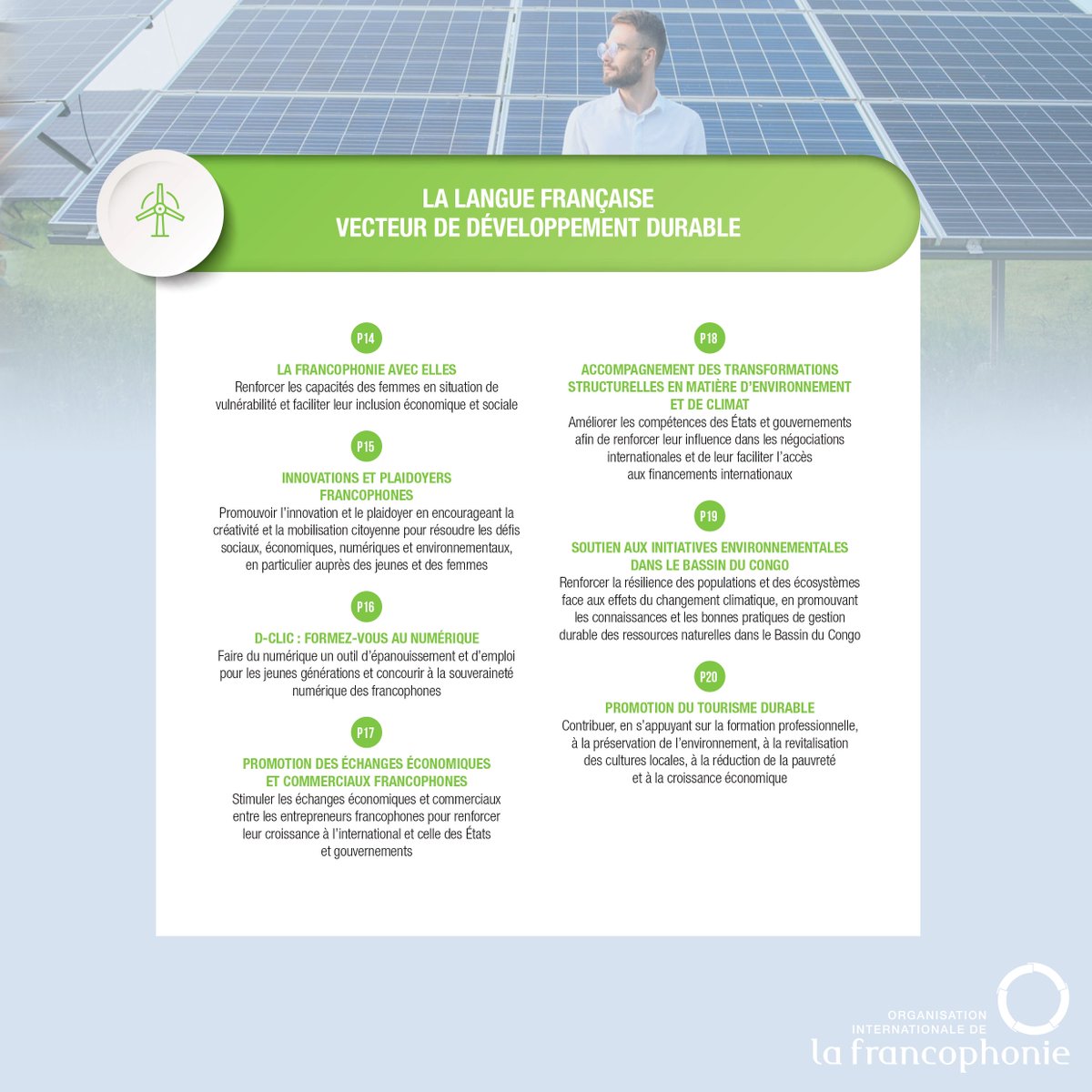 🌍 La Francophonie pour un avenir durable ! 🌱

À travers le Programme stratégique 3, l’OIF s'engage pour la protection de l’environnement, l’autonomisation économique des jeunes et des femmes, et la promotion d’un tourisme respectueux.

La programmation : ow.ly/1KkA50TQIGA