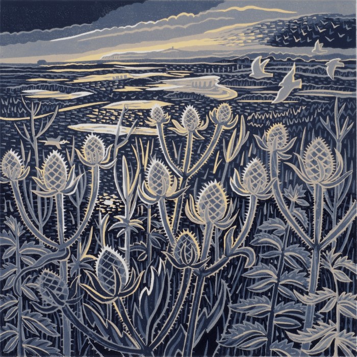 A short 🧵 to share the work of contemporary British artist and printmaker Annie Soudain who has inspired and continues to inspire my writing. This beautiful linoprint is called New Salt Marsh and it was one of my "anchor images" when I was working on Sisters of the Lost Marsh