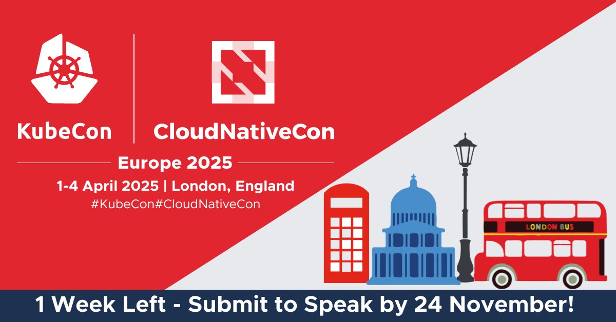 1️⃣ WEEK LEFT to submit a talk for #KubeCon + #CloudNativeCon Europe 2025! Showcase your expertise on #AI/#ML, #ServiceMesh, #Observability &amp; more!

🌟 First-time speakers &amp; underrepresented voices strongly encouraged!

🎯  Submit by 24 November: hubs.la/Q02YhXNF0