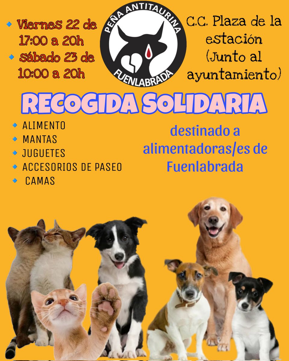📣El próximo fin de semana tenemos una cita con la SOLIDARIDAD📣
¡Os esperamos!
Viernes de 17:00 a 20:00
Sábado de 10:00 a 20:00
📍Puerta de entrada al Carrefour del C. C LA ESTACIÓN (Plza. de la Constitución)
#fuenlaantitaurina #recogidasolidaria #ellosnosnecesitan