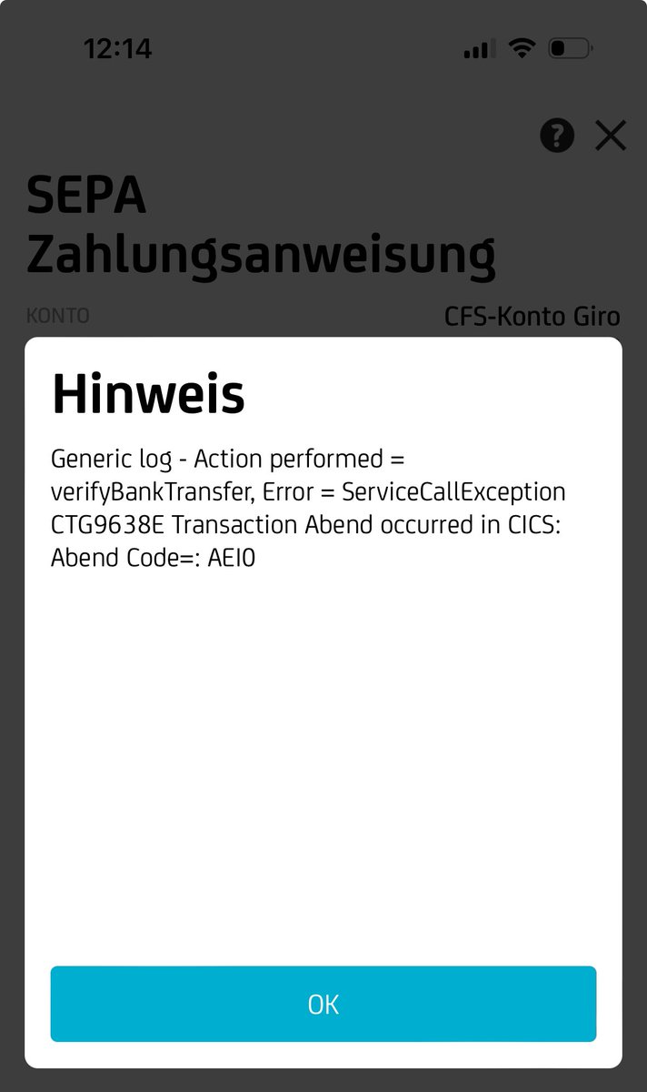 For all who still remember what ABEND and CICS mean in mainframe environments:

Unintentionally killed the #CICS Transaction Gateway (#CTG) of my bank via Handy. Sadly, I can‘t remember the input parameters 😣