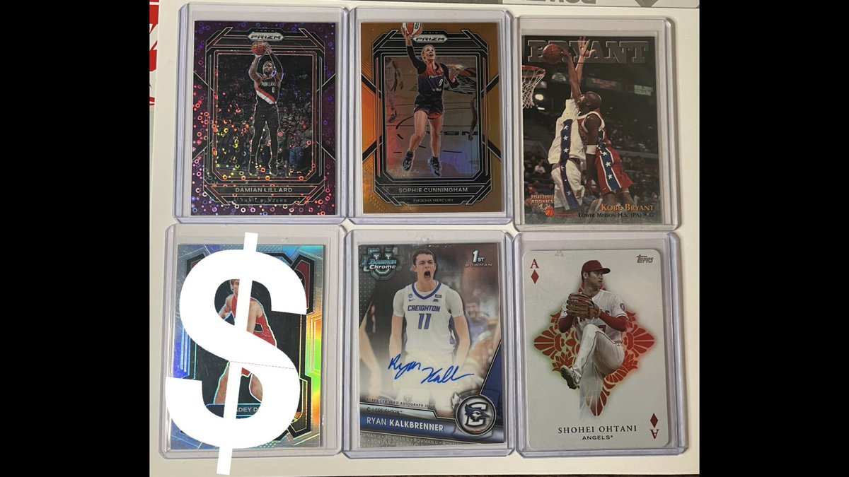cnm4cards's tweet photo. @SlabtownCollect Ohtani- $30
Kobe rookie- $10
Cunningham- $25
Lillard-$15
Kalkbrenner- $35

All OBO https://t.co/SQeGFsRHxZ
