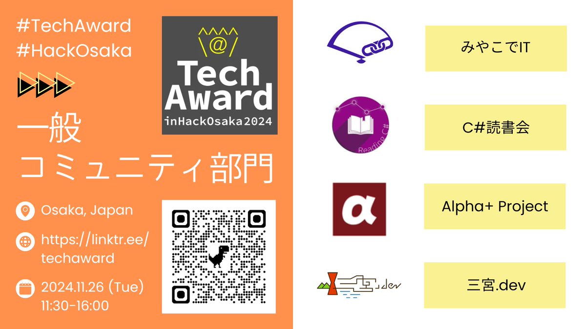 2024年11月26日(火) 11:30-16:00 @ #大阪 #YouTube
#TechAward in #HackOsaka 2024
👑一般コミュニティ部門 #ファイナリスト 決定🎉
＼
✅みやこでIT
✅C#読書会
✅Alpha+ Project
✅三宮.dev

記念すべき第1回の戴冠は誰の手に？

現地参加・オンライン視聴は⏩
linktr.ee/techaward