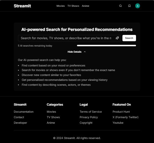 _avin4sh's tweet photo. Just finished launching StreamIt 🎉🚀

✨ Features:

• Personalized AI-powered recommendations 📽️
• Explore movies, TV shows &amp; anime 🎬
• Trending &amp; popular content 🌟

Check it out 👉 https://t.co/a6SnHglTbM
Feedback appreciated! 🙌

#StreamIt #AI #Entertainment https://t.co/sKhcHjgDXm
