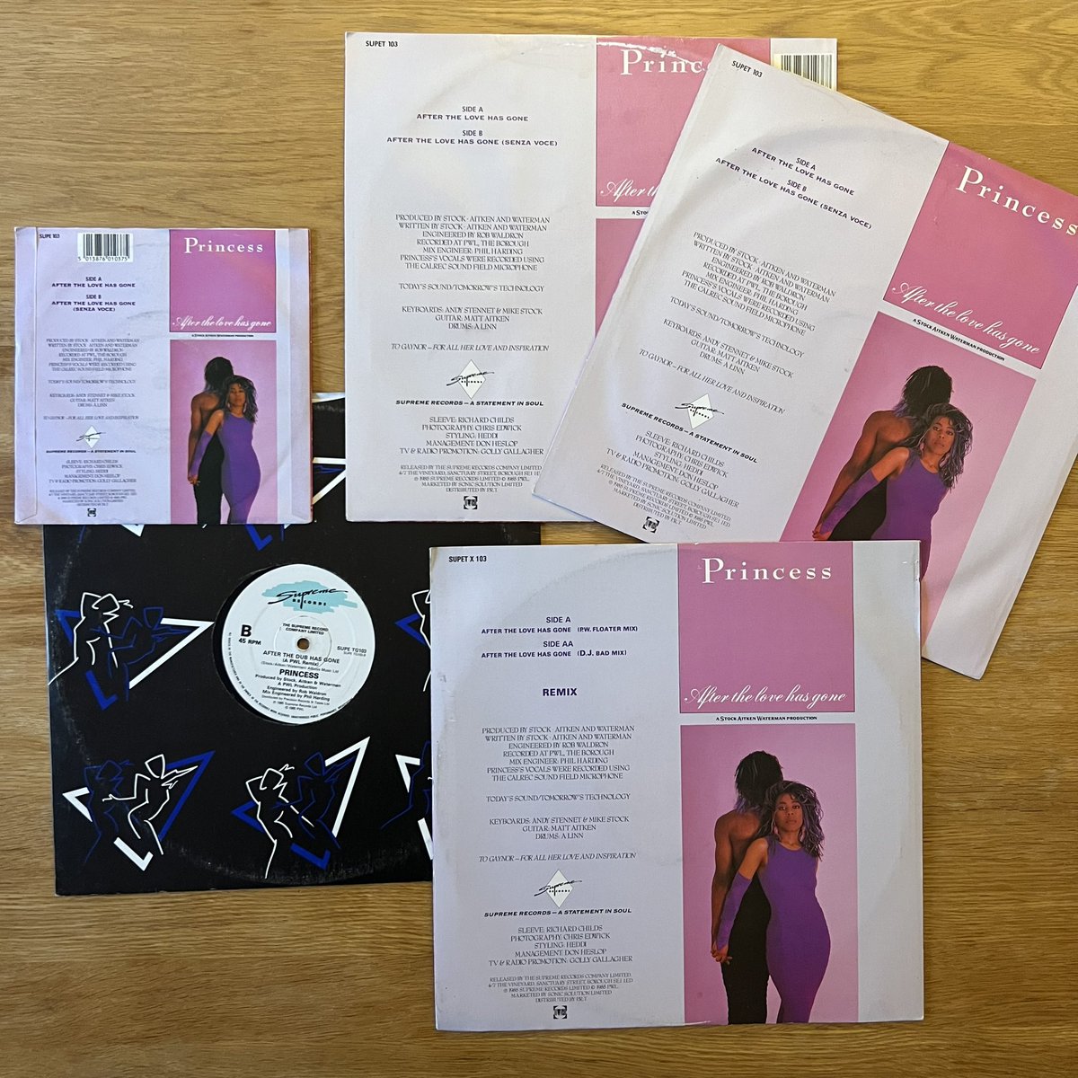 RetroPopBoy's tweet image. #StockAitkenWaterman single No 25 was their second production for Princess: “After The Love Has Gone”, released in November 85. It charted at 28 in the UK.  Pictured here are the UK 7”, and four different 12” editions.
#PWLCollection #PWL40 #PWL