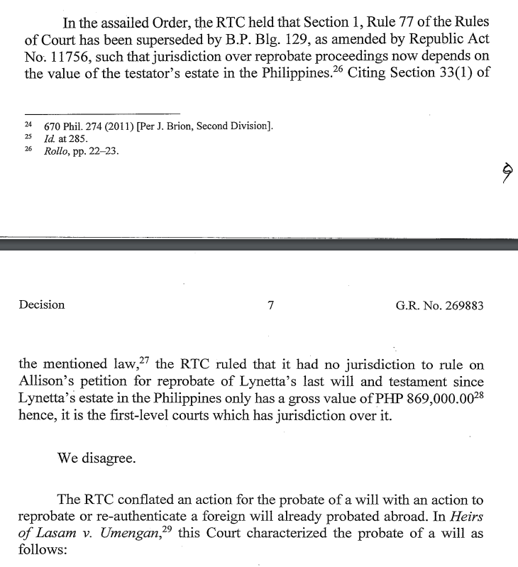ohlistic's tweet photo. Unlike a petition for probate, a petition to reprobate a foreign will is exclusively within the jurisdiction of the Regional Trial Court, without regard to the value of the estate. (In Re: Akana, G.R. No. 269883, 13 May 2024) https://t.co/8Odpvky2LS https://t.co/yUNCjbDUh1