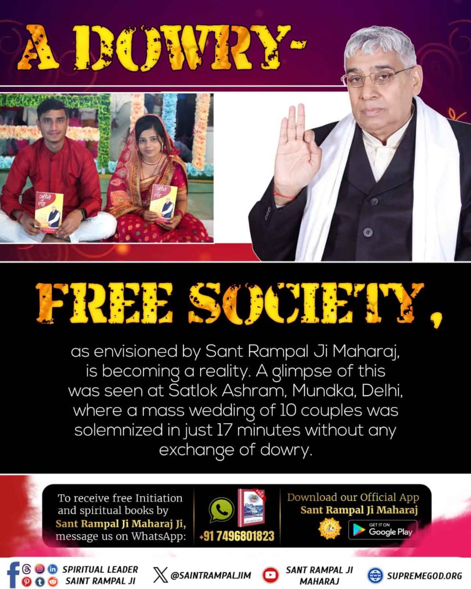 #दहेज_मुक्त_भारत
Let us pledge together to build a dowry-free India. A unique scene of social reform was seen in the presence of Saint Rampal Ji Maharaj at Satlok Ashram Betul (Madhya Pradesh), where 80 couples got married without any pomp and dowry. People appreciated it a lot.