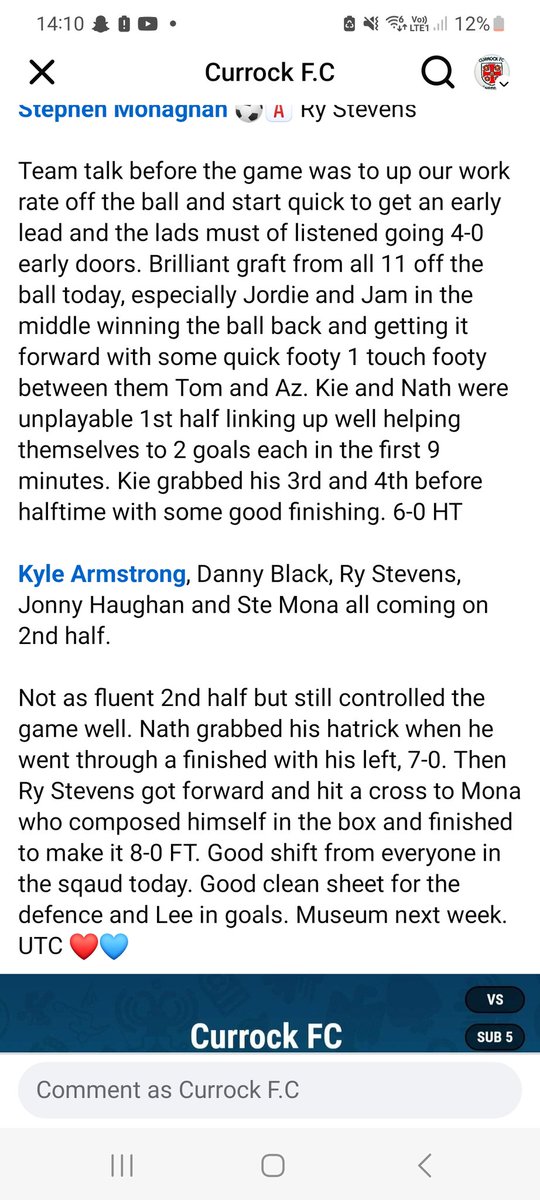 Currock FC (@currockfc) on Twitter photo Dalston FC 0-8 Currock FC
MOM: Keighran Kerr 
Nathan Armstrong ⚽️⚽️⚽️ 🅰️ Kie x1 Blaylock x1
Kie Kerr ⚽️⚽️⚽️⚽️🅰️ Taylor x1 Nath x1 Tom x 1 Jordie x1 
Stephen Monaghan ⚽️🅰️ Ry Stevens Dalston FC 0-8 Currock FC
MOM: Keighran Kerr 
Nathan Armstrong ⚽️⚽️⚽️ 🅰️ Kie x1 Blaylock x1
Kie Kerr ⚽️⚽️⚽️⚽️🅰️ Taylor x1 Nath x1 Tom x 1 Jordie x1 
Stephen Monaghan ⚽️🅰️ Ry Stevens