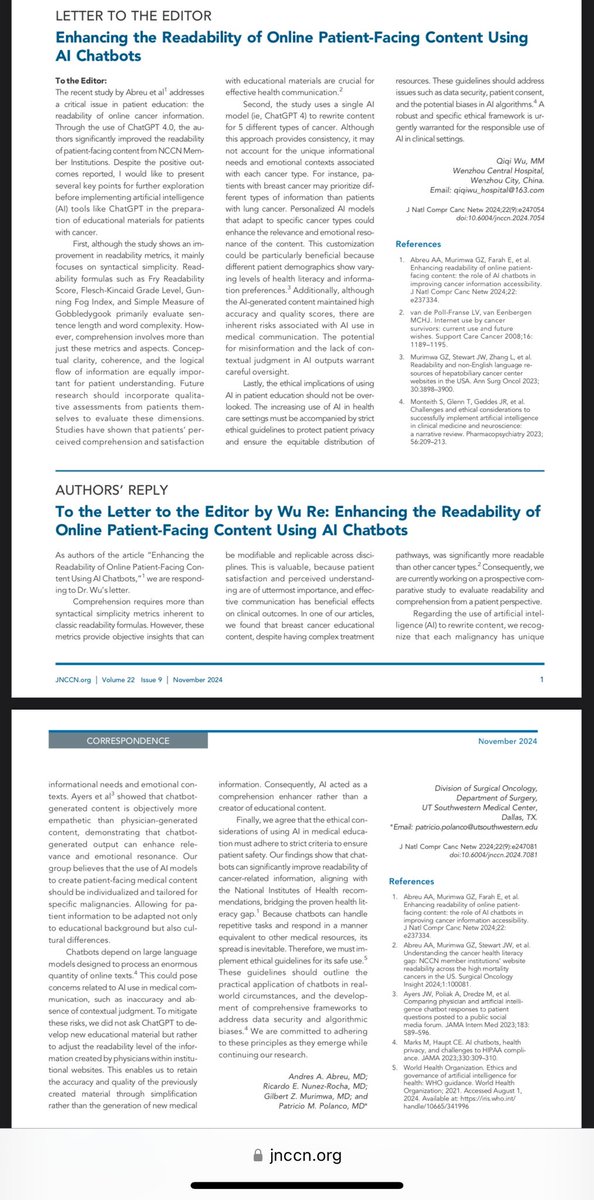 Andres A. Abreu (@andresabreumd) on Twitter photo pubmed.ncbi.nlm.nih.gov/39536457/
👆🏼 Here our editorial piece for <a href="/JNCCN/">Journal of the @NCCN</a> on the application of AI to address the health literacy gap.
<a href="/ricardo_nunezr/">Ricardo Núñez, MD</a> <a href="/GilbertZMurimwa/">Gilbert Z Murimwa, M.D.</a> <a href="/PatricioPolanc0/">Patricio Polanco</a> pubmed.ncbi.nlm.nih.gov/39536457/
👆🏼 Here our editorial piece for <a href="/JNCCN/">Journal of the @NCCN</a> on the application of AI to address the health literacy gap.
<a href="/ricardo_nunezr/">Ricardo Núñez, MD</a> <a href="/GilbertZMurimwa/">Gilbert Z Murimwa, M.D.</a> <a href="/PatricioPolanc0/">Patricio Polanco</a>