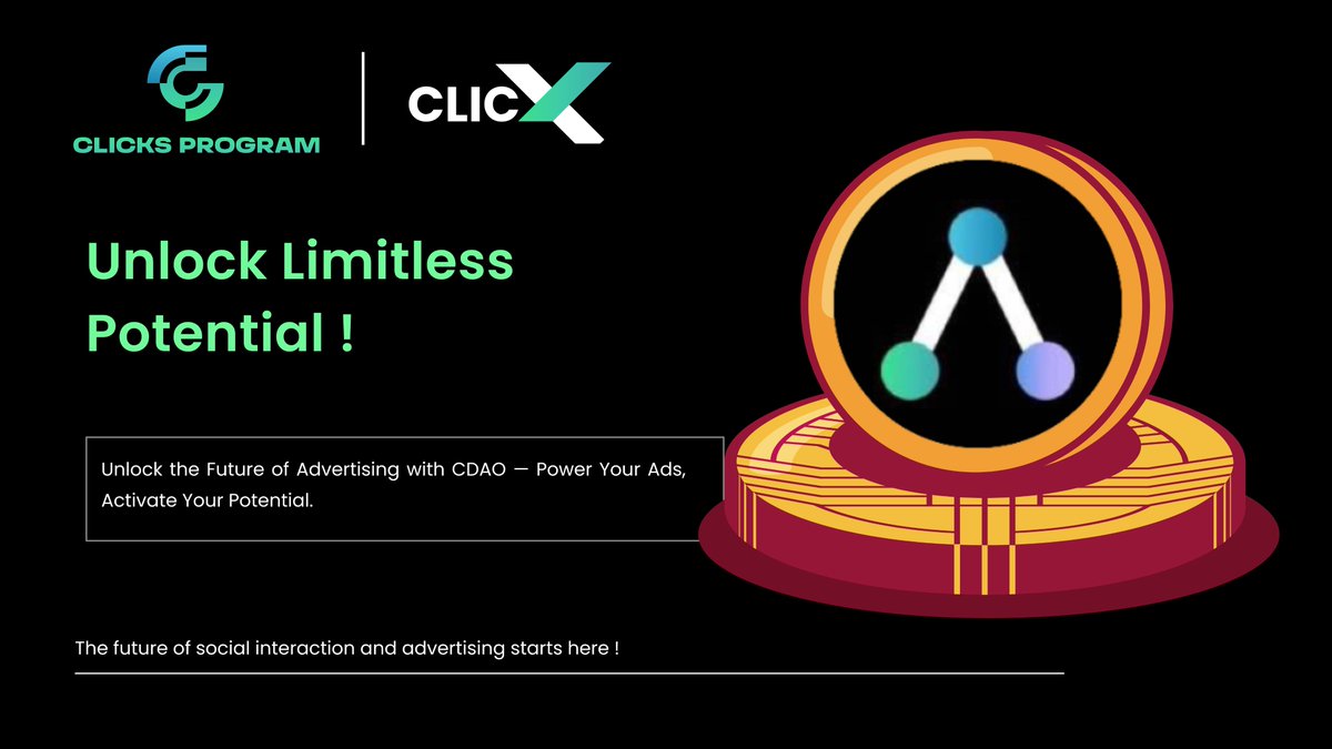 ClicksProgram's tweet image. 📊 Unlock Limitless Potential !

By activating nodes and holding CLICKS Tokens + CDAO, you join an ecosystem designed for exponential growth. 🌍

Be part of the next billion-dollar platform! 💎

💼 Start your journey today

#FutureOfFinance #CryptoGrowth #CDAO #Clickstoken #Defi…