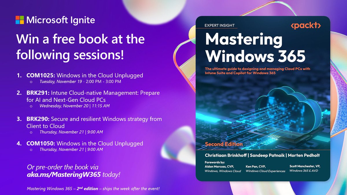 📚 Win a free book! Come to the following sesssions at #MSIgnite to win our #NEW #Mastering #Windows365 paperback #book that comes out the week after the event! This is probably the most exciting Ignite and the book holds all the new announcements! Join sessions from Stefan