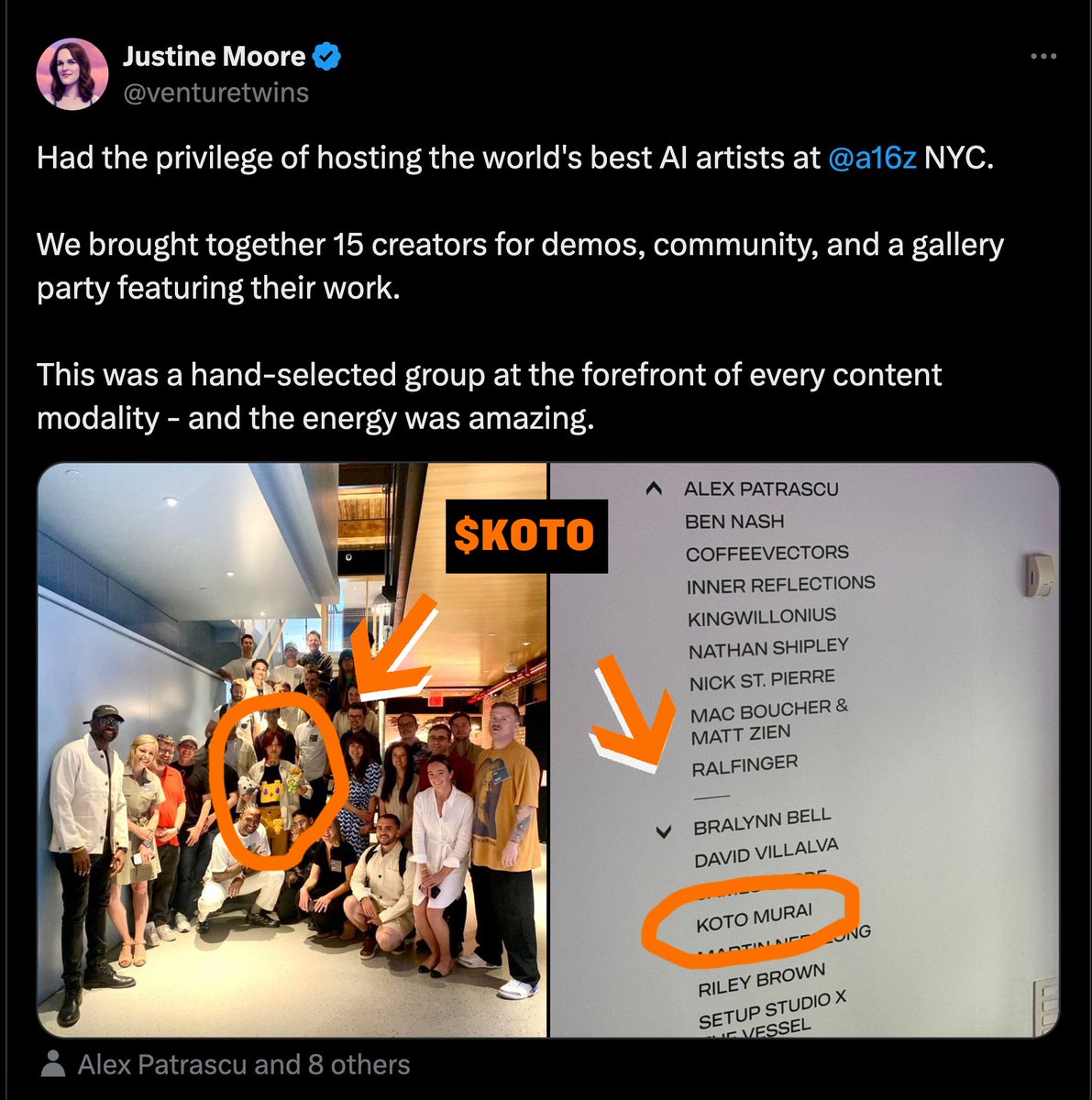 Does your dev get invited to do demos at <a href="/a16z/">a16z</a> anon? (The real one, like Andreessen Horowitz)

<a href="/koto9x/">koto</a> 
$koto
<a href="/venturetwins/">Justine Moore</a>