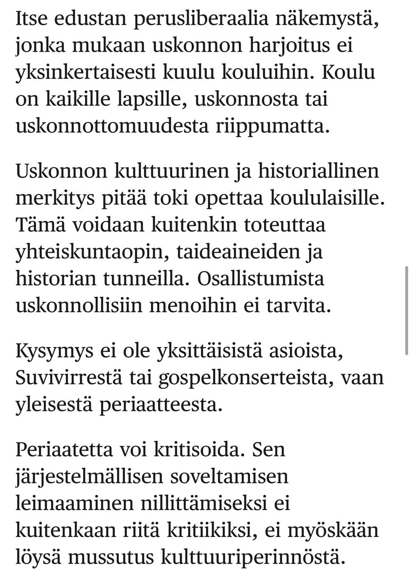 Hesarin #uskonto-keskustelussa <a href="/pursiain/">Heikki Pursiainen</a> esittelee liberaalin näkemyksen uskonnon roolista kouluissa selkeästi. Mistähän johtuu, että Suomessa tämä näkemys tuntuu monille kovin vaikeasti ymmärrettävältä? hs.fi/mielipide/art-… #liberalismi