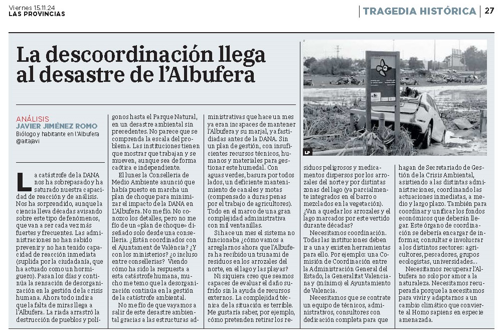 Si no hacemos algo sentenciarán a L'Albufera a ser un PARQUE BASURAL durante décadas.

No me fío de que vayamos a salir de este desastre ambiental con las estructuras administrativas que hace un mes ya eran incapaces de mantener L’Albufera y su marjal.

lamfibi.org/la-descoordina…