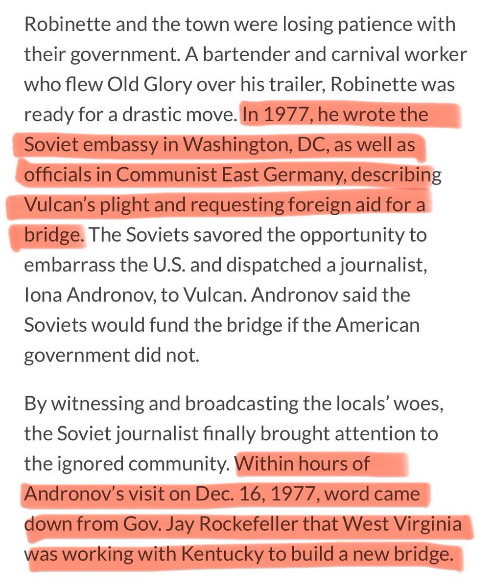 bidetmarxman's tweet photo. In the 1970s a small town in rural West Virginia desperately needed a bridge, but after years of inaction by US legislators, the mayor reached out to the USSR for help.

Within hours of a Soviet reporter arriving, the WV governor announced a new bridge would be built. https://t.co/0uS4a1bVAM