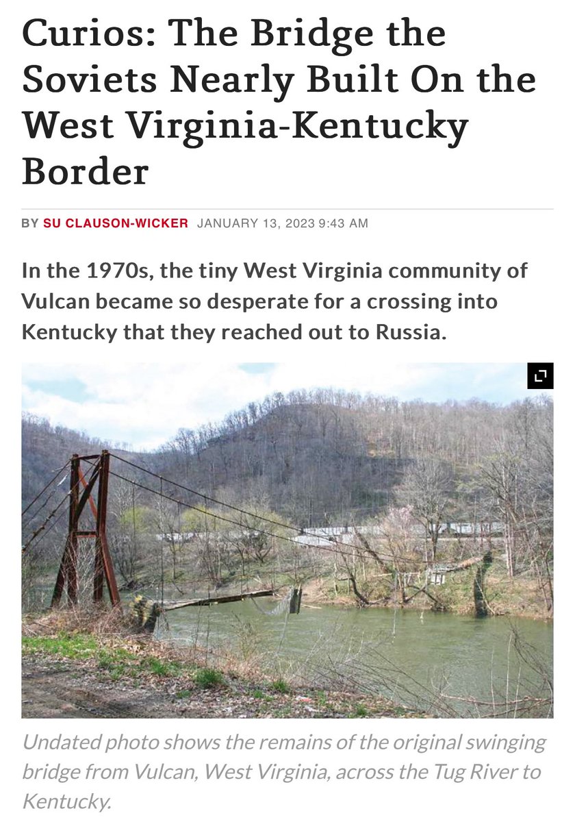 bidetmarxman's tweet photo. In the 1970s a small town in rural West Virginia desperately needed a bridge, but after years of inaction by US legislators, the mayor reached out to the USSR for help.

Within hours of a Soviet reporter arriving, the WV governor announced a new bridge would be built. https://t.co/0uS4a1bVAM