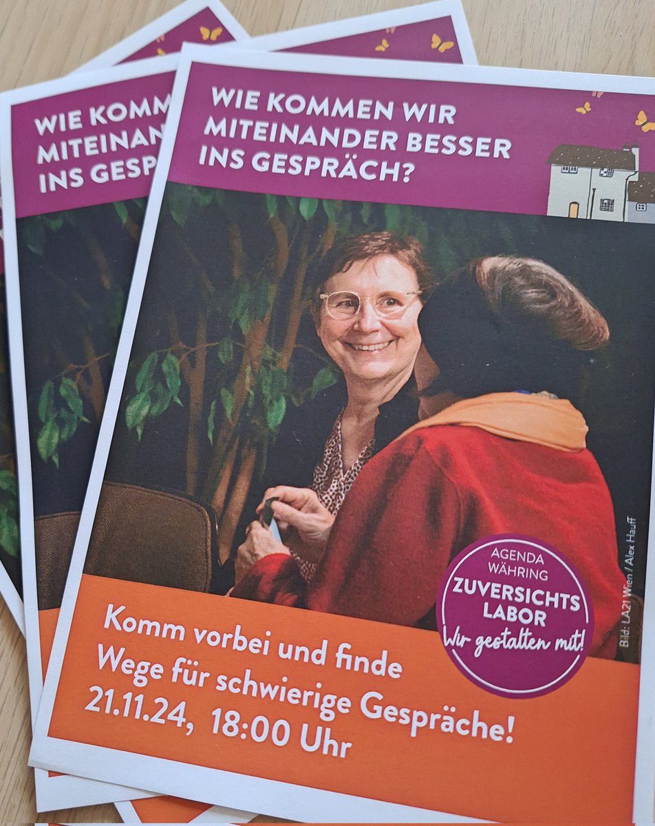 BarbaraRuhsmann's tweet photo. Die lokale Agenda 21 in #Währing gestaltet den Bezirk wesentlich mit, viele Bürger:innen engagieren sich über Jahre. Ein aktuelles Projekt ist das Zuversichtslabor, nächste Woche gibt's Workshop zum Thema "Wie kommen wir miteinander besser ins Gespräch". 
Anmelden, hingehen :) https://t.co/7PMbOYoAdp