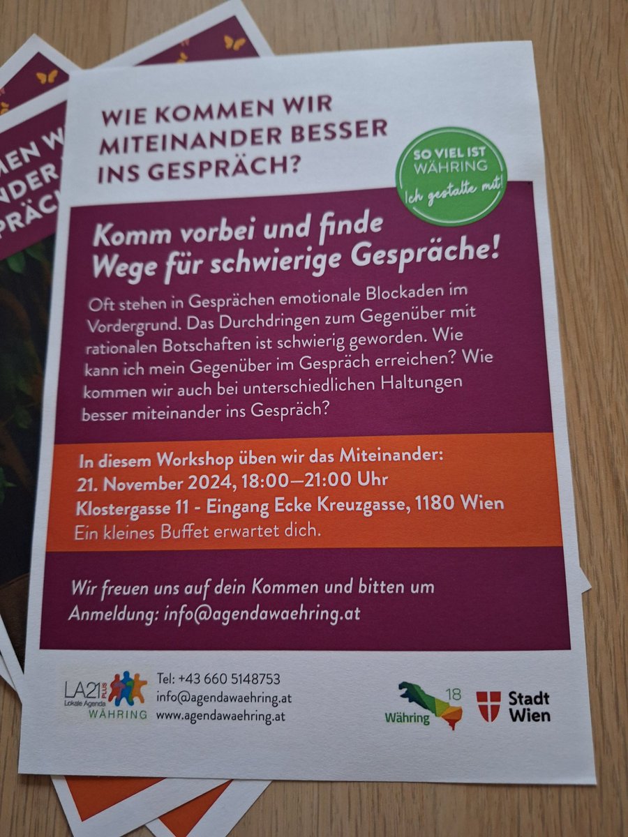 Die lokale Agenda 21 in #Währing gestaltet den Bezirk wesentlich mit, viele Bürger:innen engagieren sich über Jahre. Ein aktuelles Projekt ist das Zuversichtslabor, nächste Woche gibt's Workshop zum Thema "Wie kommen wir miteinander besser ins Gespräch". 
Anmelden, hingehen :)