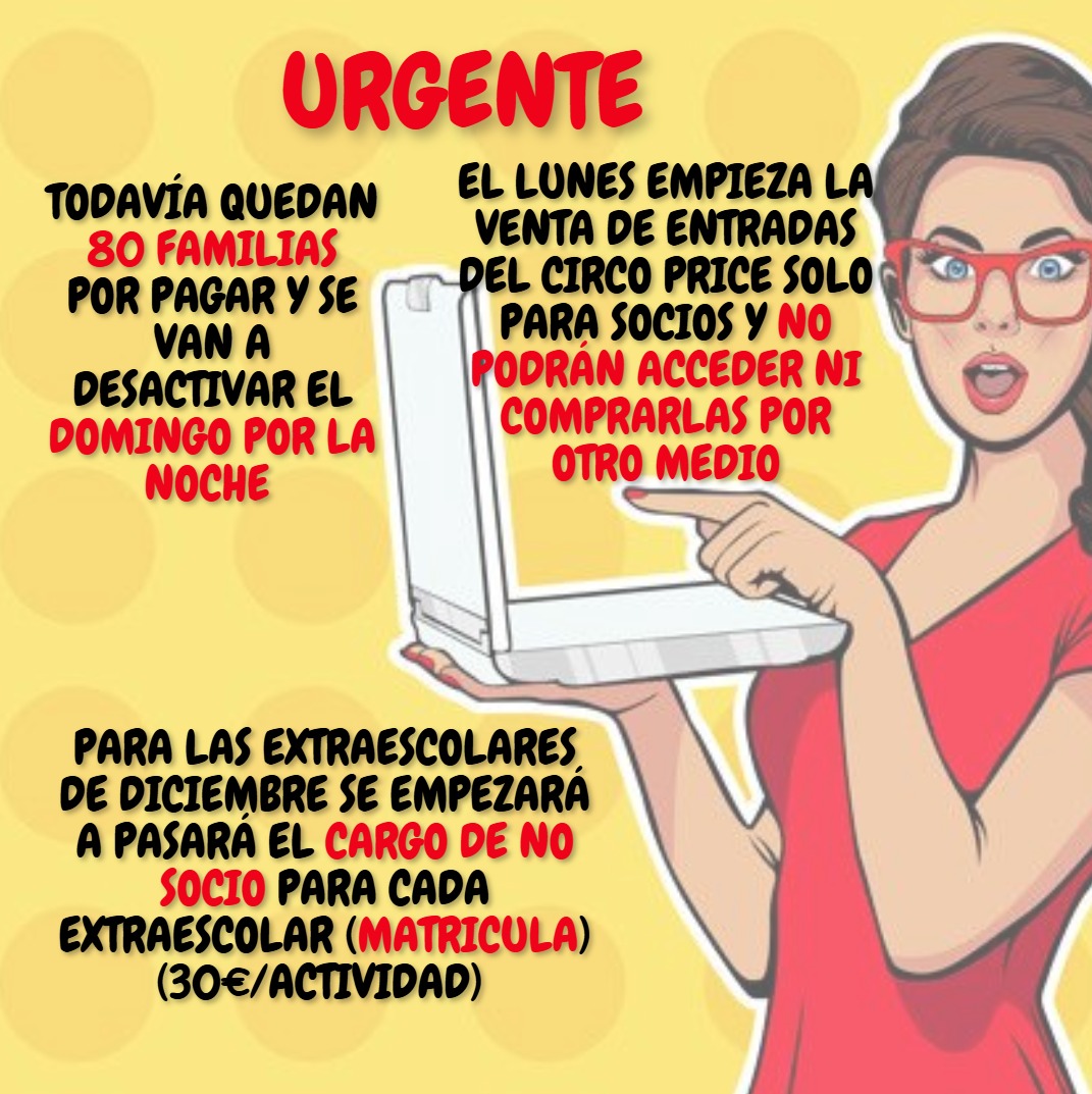 Hola Familias!!

Ultimo día para pagar la cuota de socio del AMPA. Esta noche se desactivar a los que no hayan pagado.
